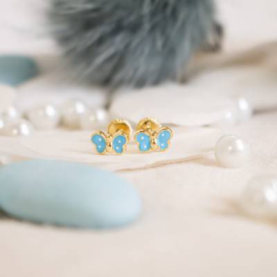 Boucles d'oreilles papillons bleus email & or jaune - Bambins