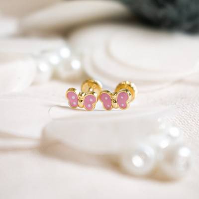 Boucles d'oreilles papillons rose email & or jaune - Bambins