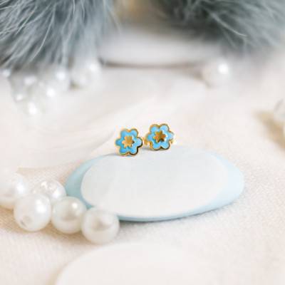 Boucles d'oreilles fleur bleue email & or jaune - Bambins