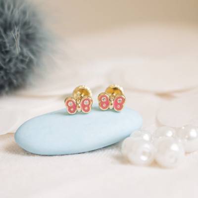 Boucles d'oreilles papillon oxyde, email rose & or jaune - Bambins