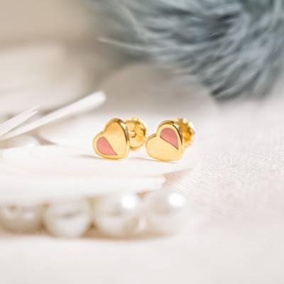 Boucles d'oreilles coeur rose email & or jaune - Bambins