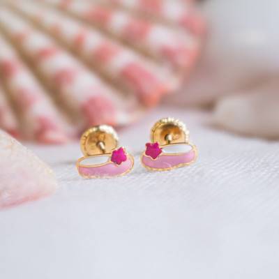 Pink Enamel Ballerina Stud Earrings in Yellow Gold - Bambins
