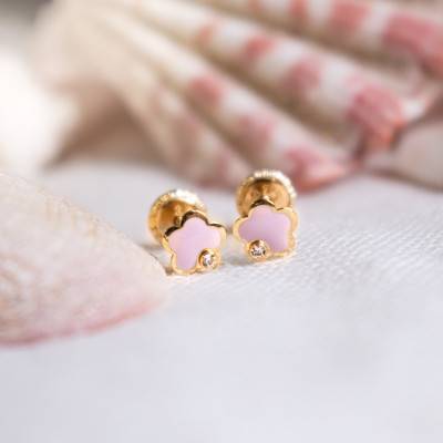 Pink Enamel & Zirconia Flower Stud Earrings in Yellow Gold - Bambins