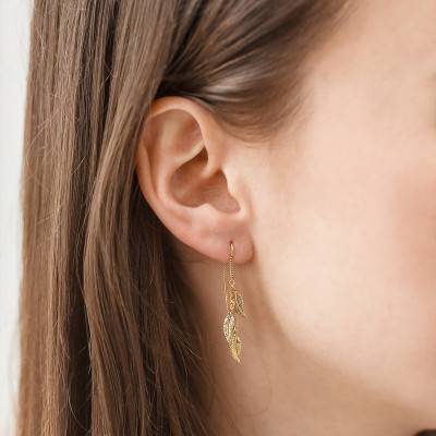 9K Yellow Gold Feather Trio Drop Earrings with Hanging Chain - Maison Ballet by Scarlett