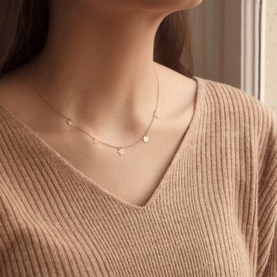 750/1000 Rose Gold Dangle Star and Round Necklace, Adjustable Length 45 cm - Caterina B