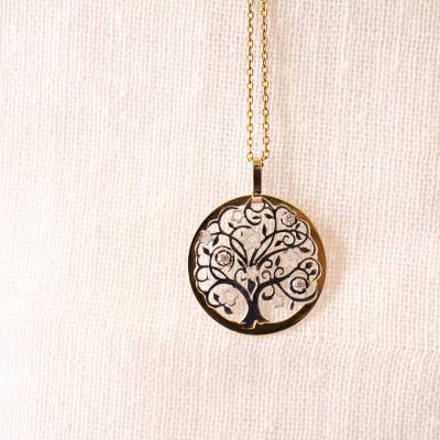 Two-Tone 375/1000 Gold & Zirconium Oxide Tree of Life Pendant, 18 mm Diameter - Rosatella