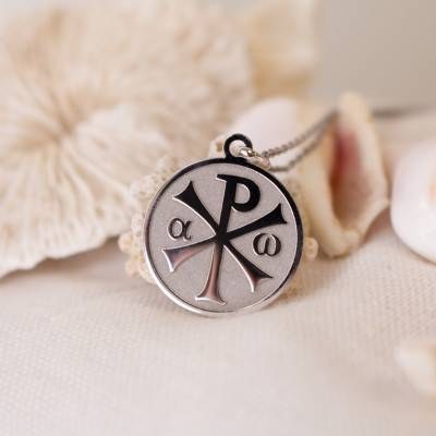 750/1000 White Gold Sandblasted Chi-Rho Medal, 18 mm Diameter - Argyor