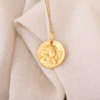 Médaille Ronde Ange de Raphaël Or Jaune 750, Diamètre 17 mm - Lucas Lucor