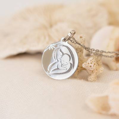White Gold Modern Virgin and Child Medal, 15 mm Diameter - Lucas Lucor