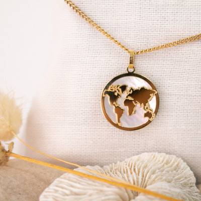 Pendentif carte du monde nacre et Or Jaune 750, Diamètre 18 mm - Rosatella
