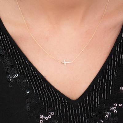 9K Yellow Gold & Cubic Zirconia Cross Necklace, 45 cm - Rosatella