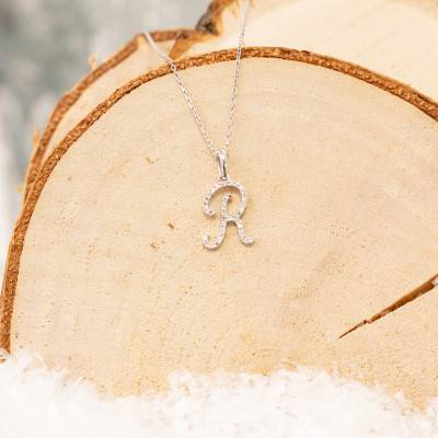 750/1000 White Gold & Diamond Letter R Pendant - Allegoria