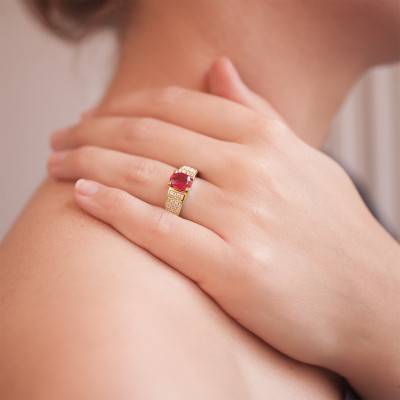 750 Yellow Gold Accompanied Solitaire Engagement Ring with 0.42 ct Diamonds and 1.30 ct Ruby - Ancelys