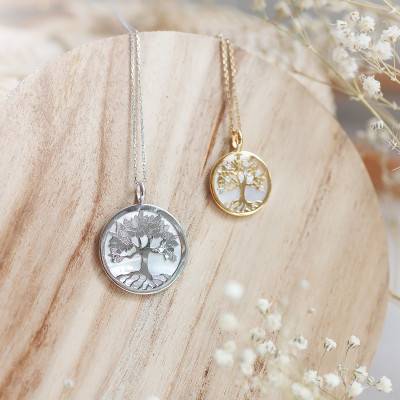 Médaille Arbre de Vie Nacre & Or Blanc 375, Diamètre 17 mm ou 23 mm - Vandona
