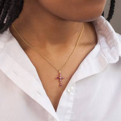 750/1000 Yellow Gold Diamond and Ruby Cross - Orphée