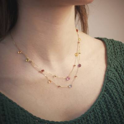 375/1000 Yellow Gold Double Necklace & Fine Gemstones, 42 cm - Emanessence