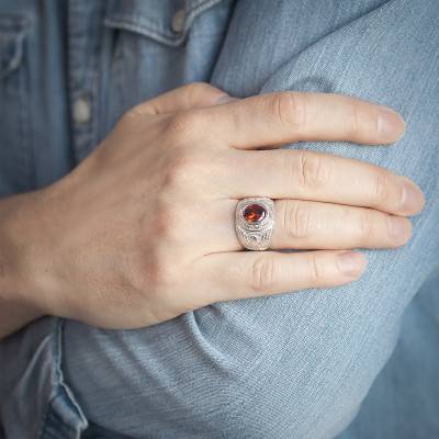 925 Silver & Red Cubic Zirconia University Signet Ring - Imperium
