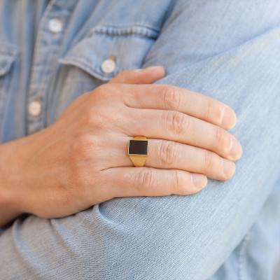 Yellow Gold-Plated Black Onyx Signet Ring, 11 x 13 mm - Imperium