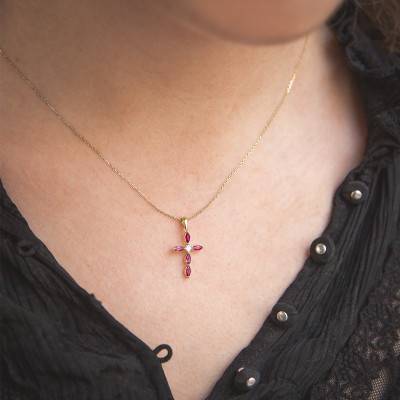 375 Yellow Gold Diamond & Ruby Cross - Orphée