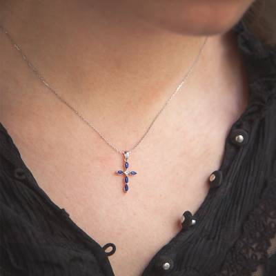 375/1000 or 750/1000 White Gold Cross with Diamond & Oval Sapphires - Orphée