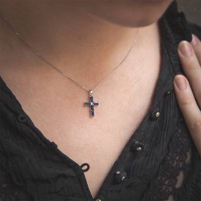 White Gold 375 or 750 Cross with Diamond & Sapphires - Orphée
