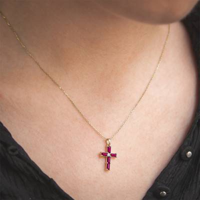 Yellow 375/1000 or 750/1000 Gold, Diamond & Ruby Cross - Orphée