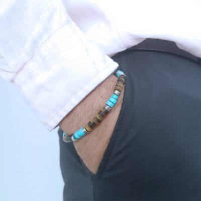 Bracelet œil de tigre et turquoise, perles Heishi, 16 cm ou 18,5 cm - Sixtystones