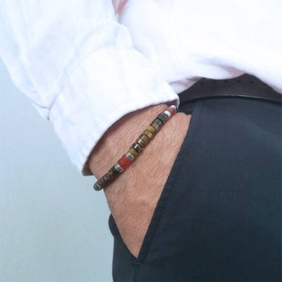 Bracelet œil de tigre, agate rouge, perles coco et heishi, 16 cm ou 18,5 cm - Sixtystones