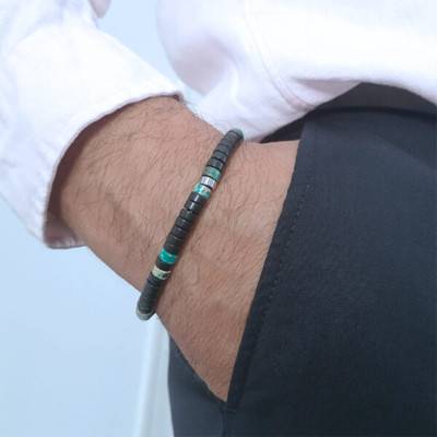 Black Agate, Imperial Green Jasper, and Heishi Bead Bracelet, Length 16 cm or 18,50 cm - Sixtystones