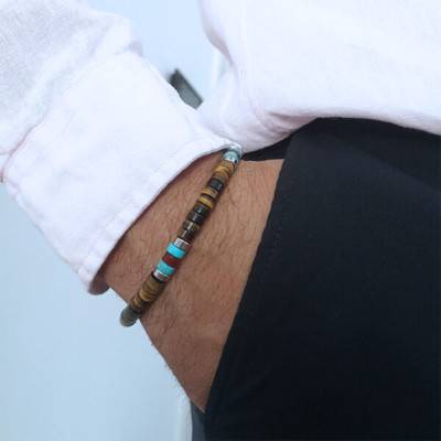 Bracelet œil de tigre, agate rouge turquoise, perles heishi, 16cm ou 18cm - Sixtystones