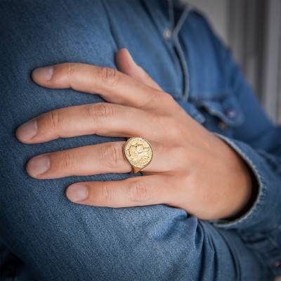 750/1000 Yellow Gold Marianne Coq 10 Francs Replica Coin Signet Ring - Imperium