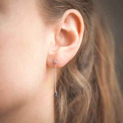 "White Gold Diamond Star & Sapphire Drop Earrings, 375/1000 or 750/1000" - Aurora