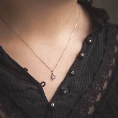 White Gold Pink Amethyst & Diamond Pendant - Aurora