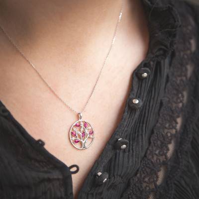 White Gold Tree Pendant & Diamonds and Rubies, 20 mm Diameter - Aurora