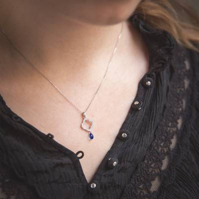 Pendentif Trèfle en Or blanc Diamant & Saphir - Aurora