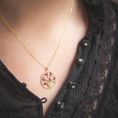 Yellow 375 or 750 Gold Diamond & Ruby Tree Pendant, 20 mm Diameter - Aurora