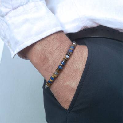 Bracelet œil de tigre et lapis, perles heishi, Longueur 16 cm ou 18,5 cm - Sixtystones