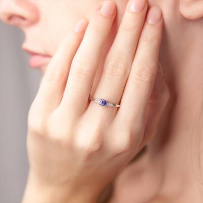 White Gold 375 or 750 Tanzanite 0.28 ct & Diamond Accent Solitaire Ring - Aurora