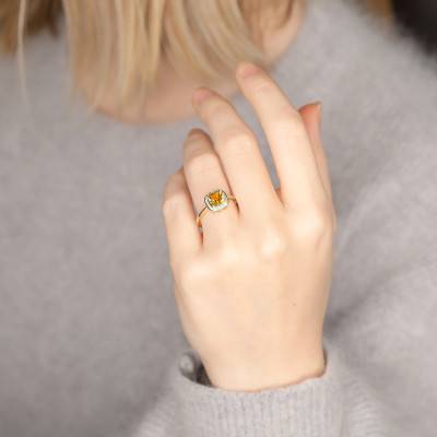Bague Citrine Coussin Or Jaune 750 & Diamants - Bloomingstone