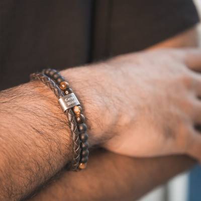 Bracelet Karma cuir tressé marron, oeil de tigre et agates noires, 22 cm - HB562203 - Rochet