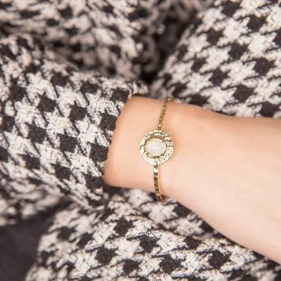 3-Micron Yellow Gold-Plated & White Moonstone Open Bangle, Diameter 58 mm - Naïades