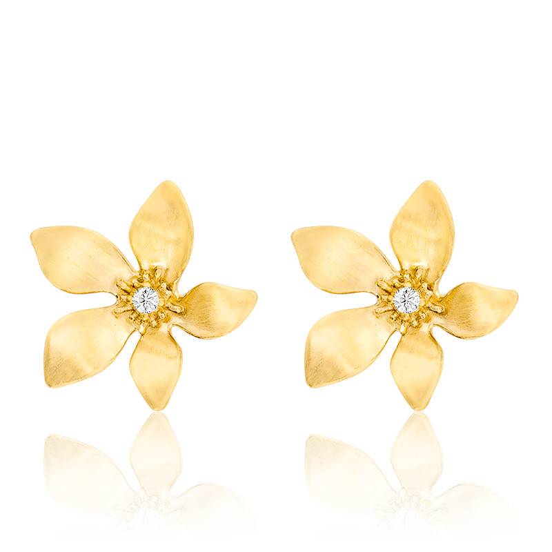 Boucles d'oreilles dormeuses forme fleur en or jaune et zirconium