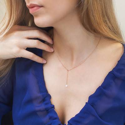 750 Rose Gold Drop Necklace with Pear Drilled Diamond F/VS2, Length 40 cm to 45 cm - Ocarat