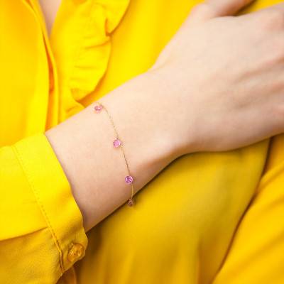 750/1000 Yellow Gold & 5 Pierced Pink Sapphire Bracelet, 16 cm to 18 cm - Demetra