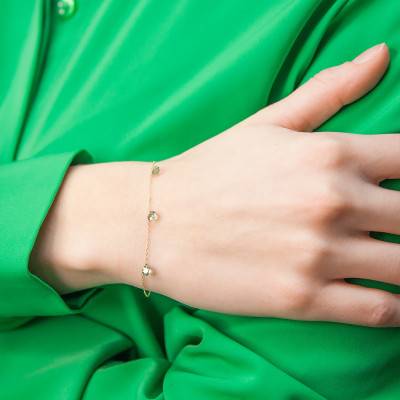 750/1000 Yellow Gold & 3 Pierced Green Sapphires Bracelet, Length 16 cm to 18 cm - Demetra