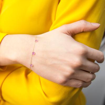 750/1000 Yellow Gold & 3 Pierced Pink Sapphires Bracelet, Length 16 cm to 18 cm - Demetra