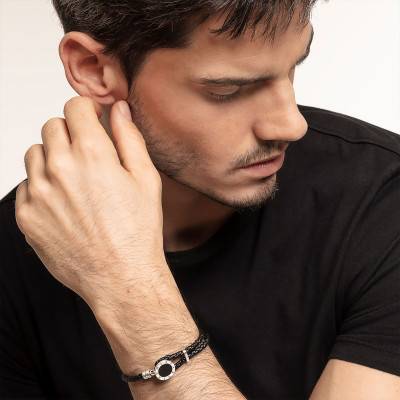 Bracelet cuir médaille noir, Longueur 14 à 25 cm - A1864-982-11 - Thomas Sabo