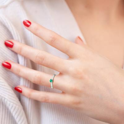 Bague Solitaire Or Blanc 750, Emeraude 0,30ct - Demetra