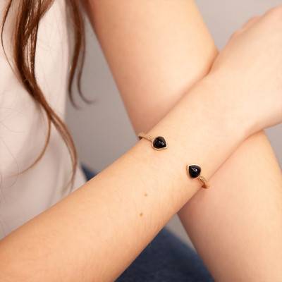 Isaure Yellow Gold-Plated & Black Agate Open Bangle, 58 mm Diameter - Ana & Cha
