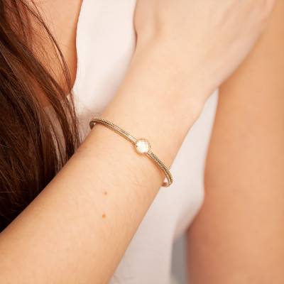 Eloise Yellow Gold-Plated & Rose Quartz Open Bangle, 58 mm Diameter - Ana & Cha